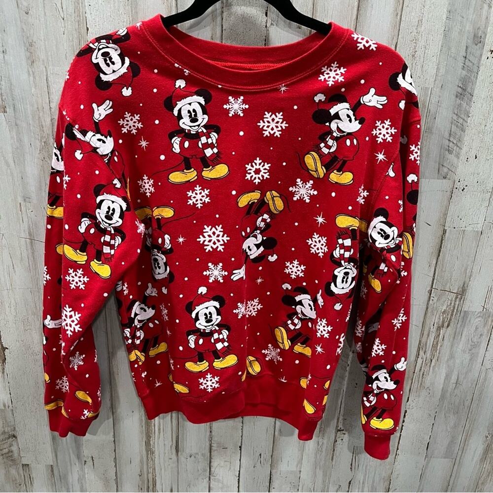 Disney Mickey Mouse Santa Red Christmas Crewneck Sweatshirt Holiday Snowflake